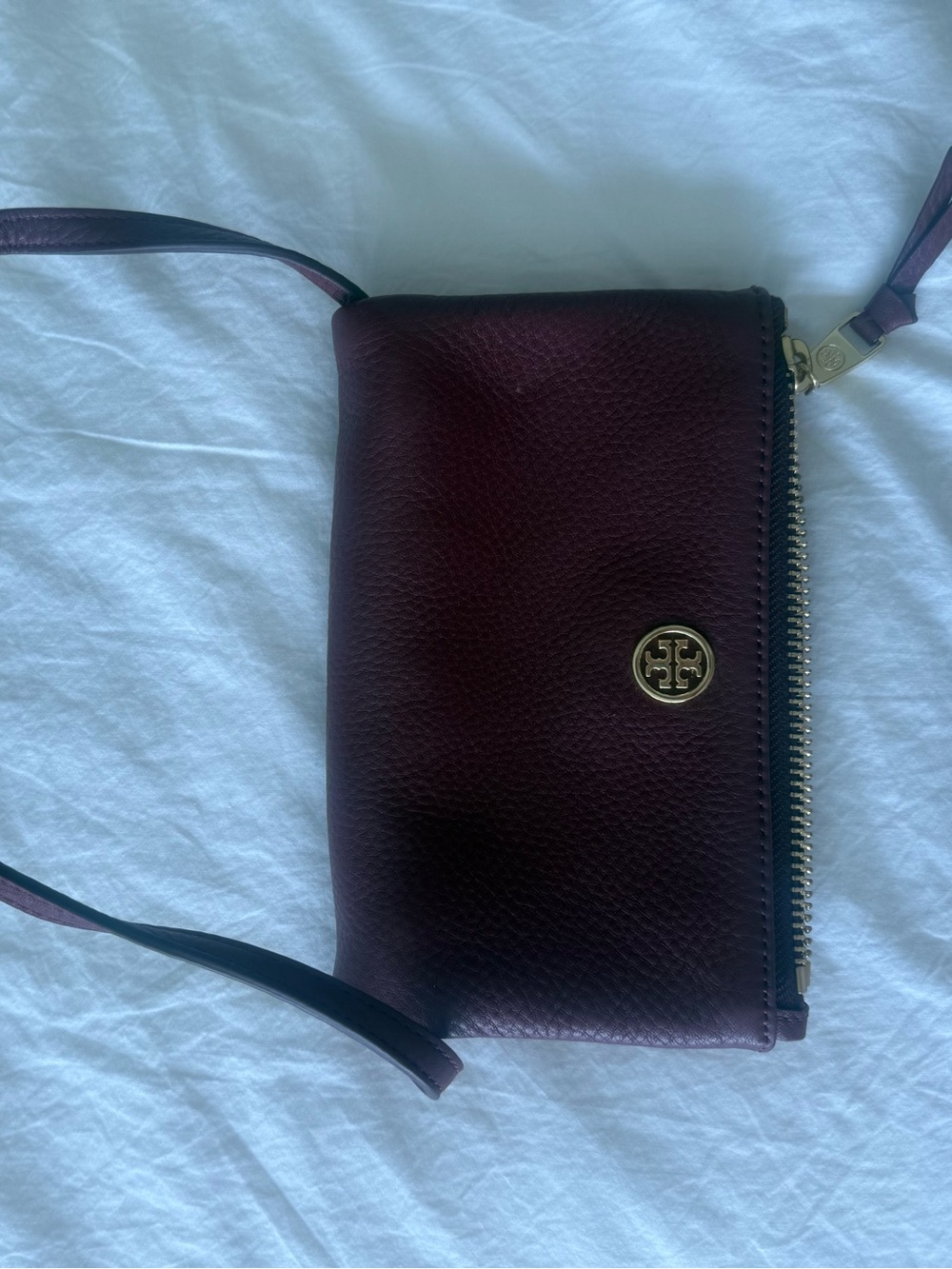 Tory Burch Pebbled Leather Crossbody in Deep Burgundy with Gold Hardware